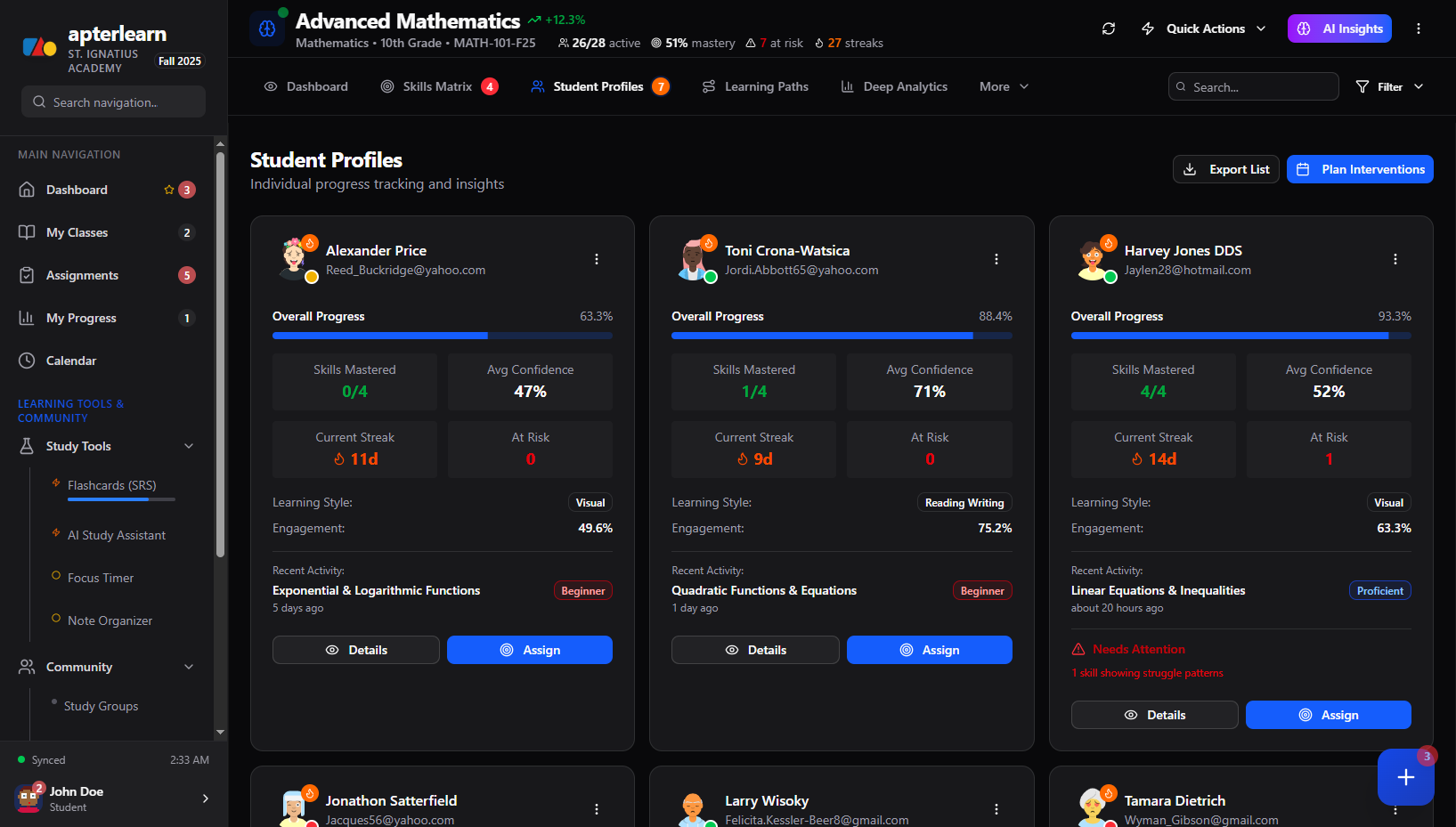 Knowledge Tracing Dashboard Preview